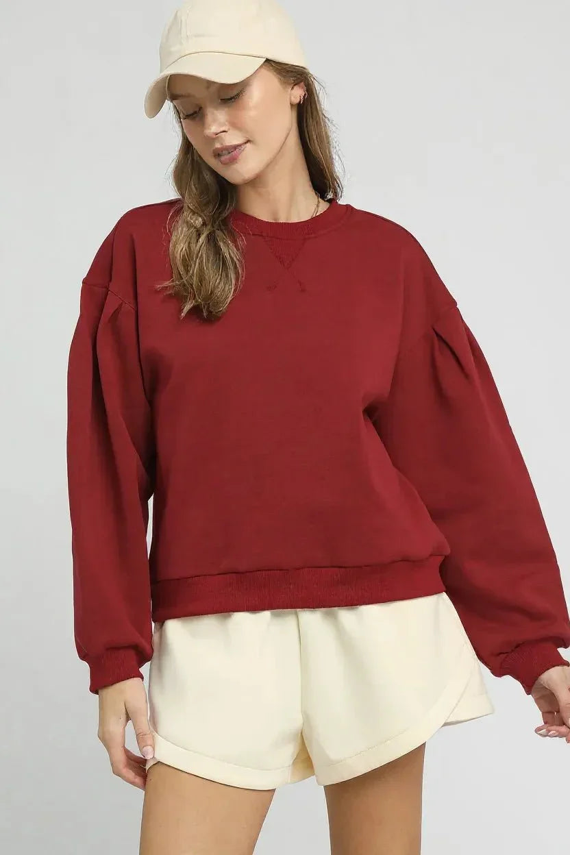 Umgee Round Neck Sweatshirt with Pleated Detail - VILLA FASHION
